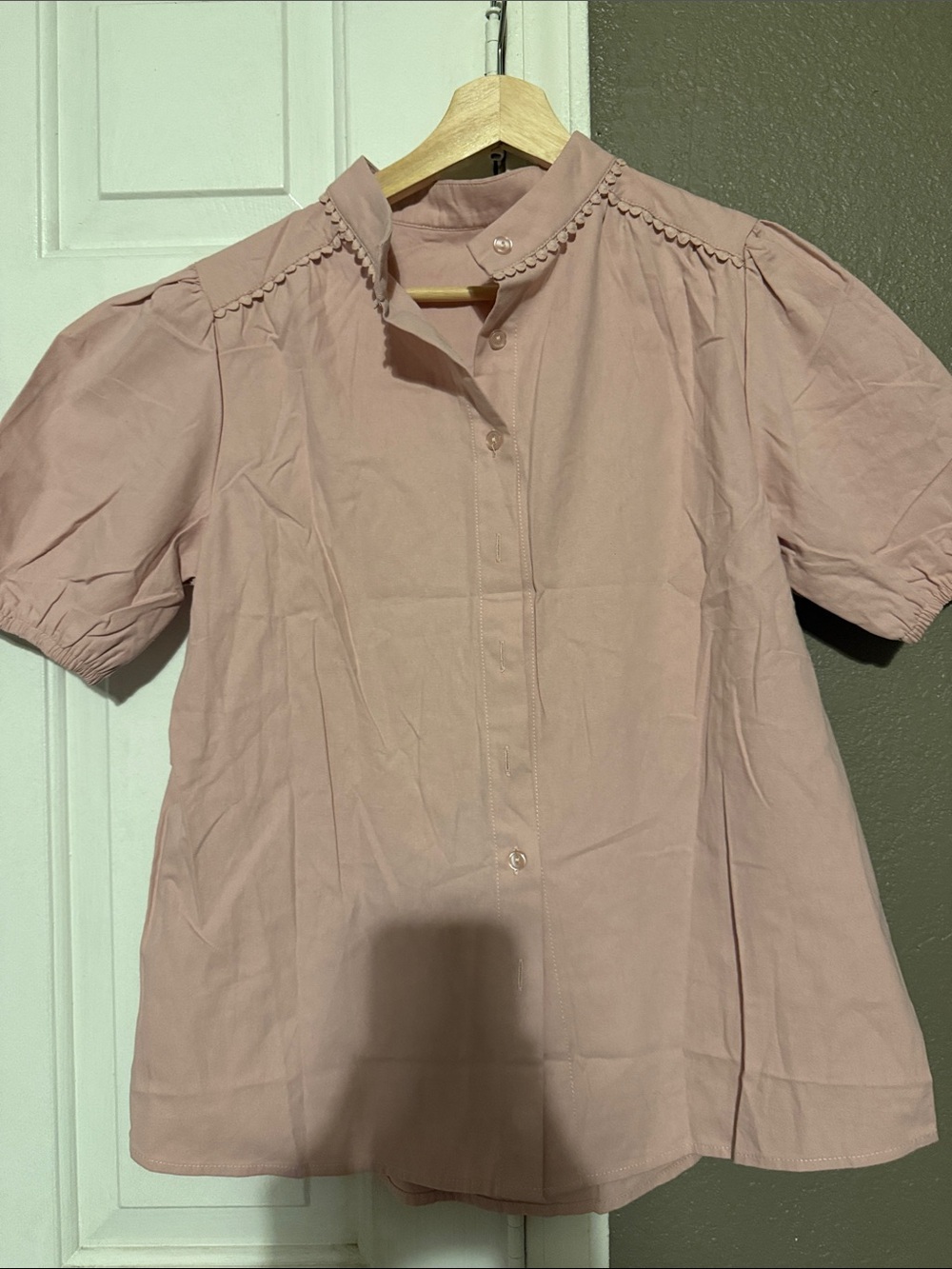 Amazon Soft Pink Short Sleeve Button-Down Blouse